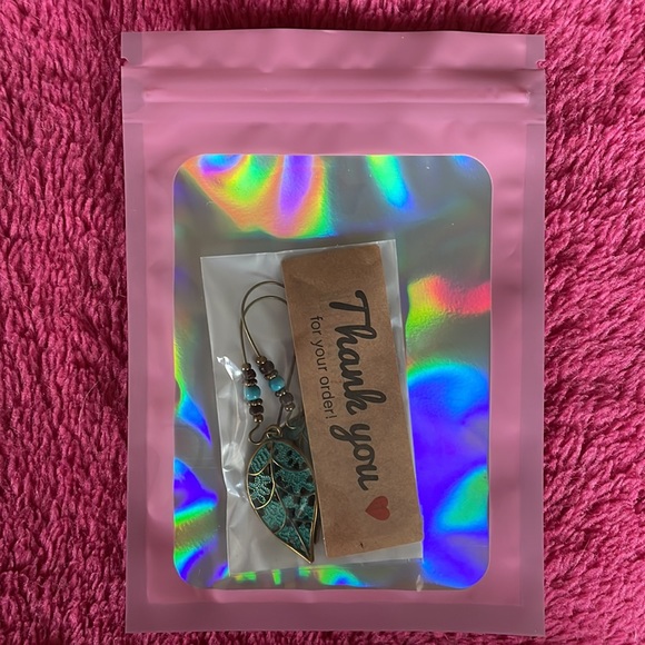 Antique Bronze Smeared Blue Leaf Hollow Large Ear Hook Women's Earrings - Picture 2 of 3